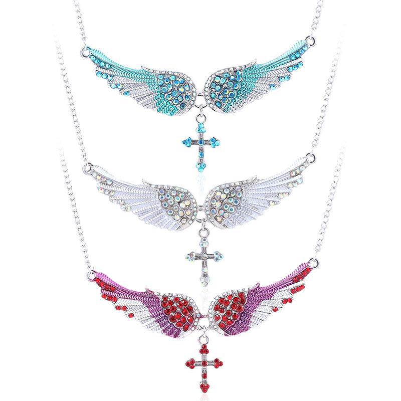 Wholesale Exaggerated Angel Wing Diamond Cross Necklace